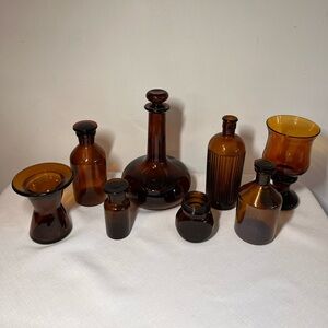 Vintage Brown Amber Glass Bottle Decanter Collection. 4 with stoppers. Unique